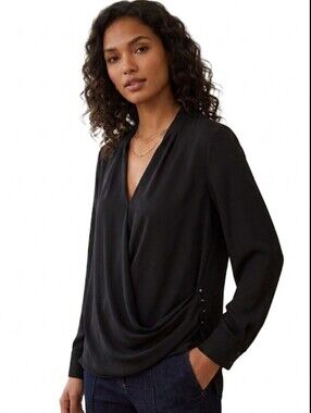 &. Layered Anthropologie Black Draped Faux Wrap V-Neck Blouse Small